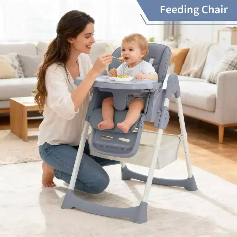 Seggiolone Pieghevole per Neonati e Bambini, Seggiolone in Pelle PU con Schienale e Altezza della Seduta Regolabili, Vassoio Rimovibile, Imbracatura di Sicurezza a 5 Punti e Ruote Bloccabili