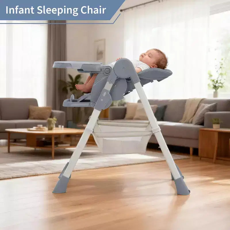 Seggiolone Pieghevole per Neonati e Bambini, Seggiolone in Pelle PU con Schienale e Altezza della Seduta Regolabili, Vassoio Rimovibile, Imbracatura di Sicurezza a 5 Punti e Ruote Bloccabili