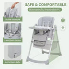 Chaise haute pliable pour bébés et tout-petits, en cuir PU, avec dossier et hauteur d’assise réglables, plateau amovible, harnais de sécurité à 5 points et roulettes verrouillables