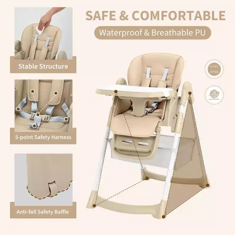 Seggiolone Pieghevole per Neonati e Bambini, Seggiolone in Pelle PU con Schienale e Altezza della Seduta Regolabili, Vassoio Rimovibile, Imbracatura di Sicurezza a 5 Punti e Ruote Bloccabili
