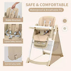 Chaise haute pliable pour bébés et tout-petits, en cuir PU, avec dossier et hauteur d’assise réglables, plateau amovible, harnais de sécurité à 5 points et roulettes verrouillables