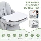 Chaise haute pliable pour bébés et tout-petits, en cuir PU, avec dossier et hauteur d’assise réglables, plateau amovible, harnais de sécurité à 5 points et roulettes verrouillables
