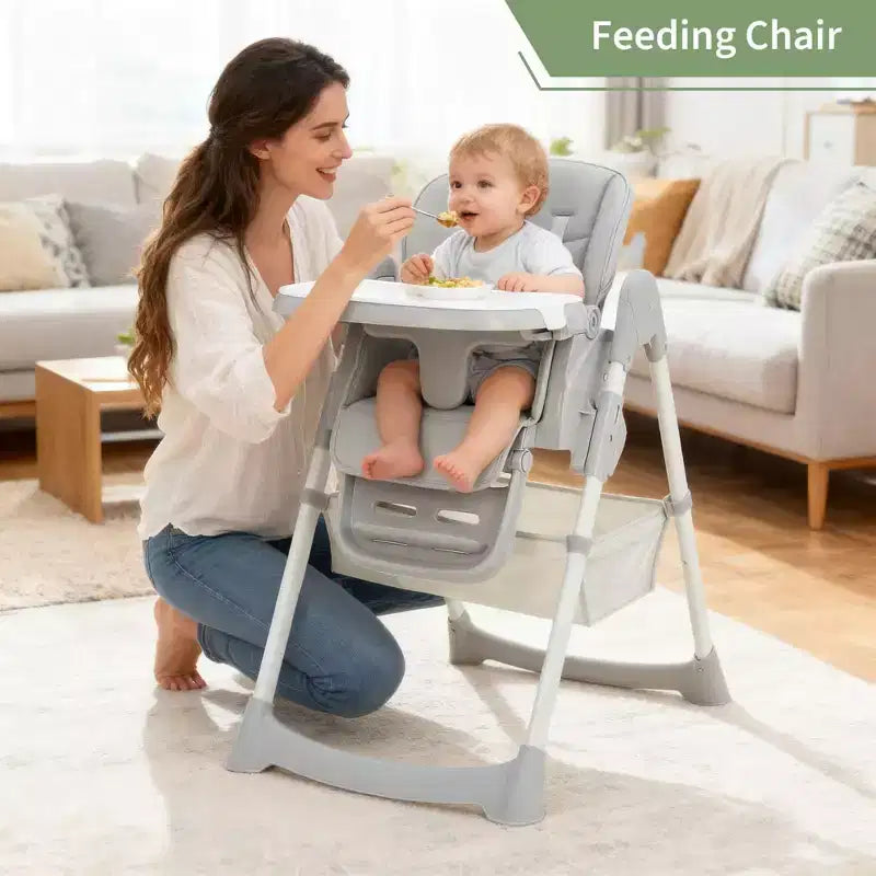 Seggiolone Pieghevole per Neonati e Bambini, Seggiolone in Pelle PU con Schienale e Altezza della Seduta Regolabili, Vassoio Rimovibile, Imbracatura di Sicurezza a 5 Punti e Ruote Bloccabili