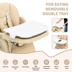 Chaise haute pliable pour bébés et tout-petits, en cuir PU, avec dossier et hauteur d’assise réglables, plateau amovible, harnais de sécurité à 5 points et roulettes verrouillables