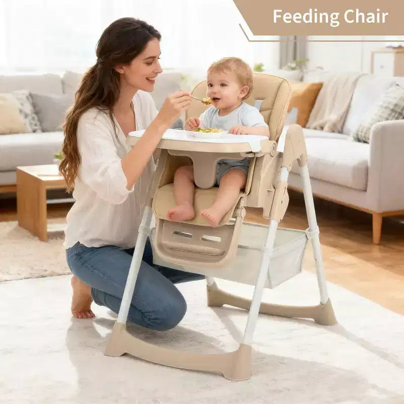 Seggiolone Pieghevole per Neonati e Bambini, Seggiolone in Pelle PU con Schienale e Altezza della Seduta Regolabili, Vassoio Rimovibile, Imbracatura di Sicurezza a 5 Punti e Ruote Bloccabili