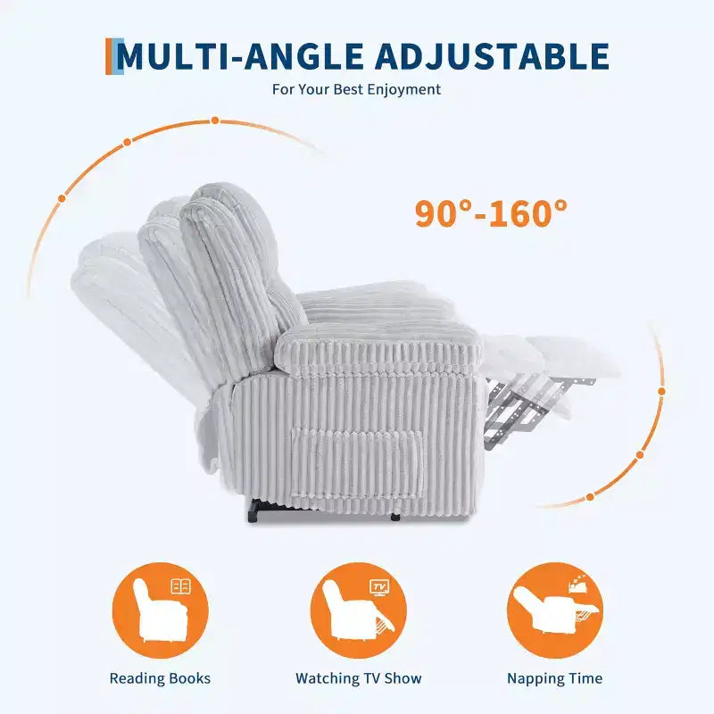Poltrona reclinabile in velluto a coste, Divano reclinabile manuale con maniglia, Braccioli imbottiti, Imbottitura spessa, Tasca laterale, Soggiorno, Camera da letto, Home Theater, Grigio scuro