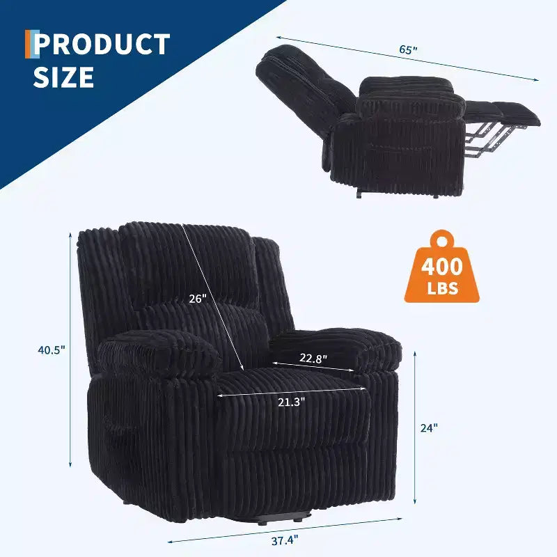 Poltrona reclinabile in velluto a coste, Divano reclinabile manuale con maniglia, Braccioli imbottiti, Imbottitura spessa, Tasca laterale, Soggiorno, Camera da letto, Home Theater, Grigio scuro