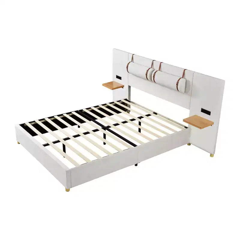 Letto a piattaforma imbottito queen size, due prese e porte di ricarica USB su entrambi i lati, due cuscini comodino, ripiani portaoggetti, velluto, beige