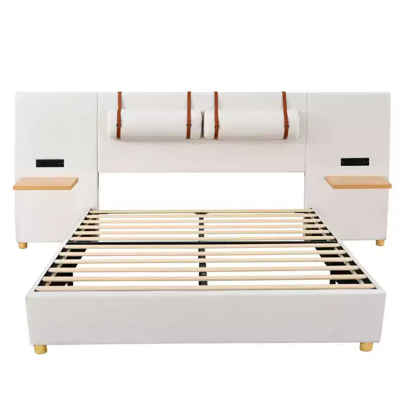 Letto a piattaforma imbottito queen size, due prese e porte di ricarica USB su entrambi i lati, due cuscini comodino, ripiani portaoggetti, velluto, beige