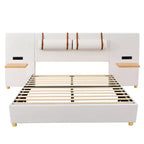 Cama de plataforma tapizada tamaño Queen, dos tomas de corriente y puertos de carga USB a ambos lados, dos almohadas laterales, estantes de almacenamiento, terciopelo, beige
