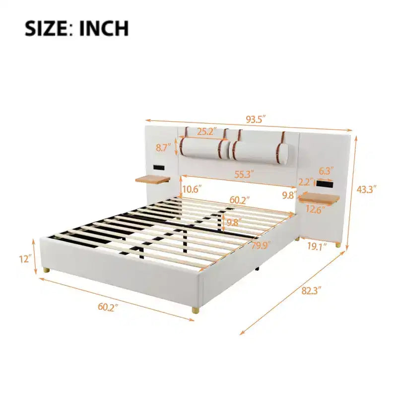 Letto a piattaforma imbottito queen size, due prese e porte di ricarica USB su entrambi i lati, due cuscini comodino, ripiani portaoggetti, velluto, beige