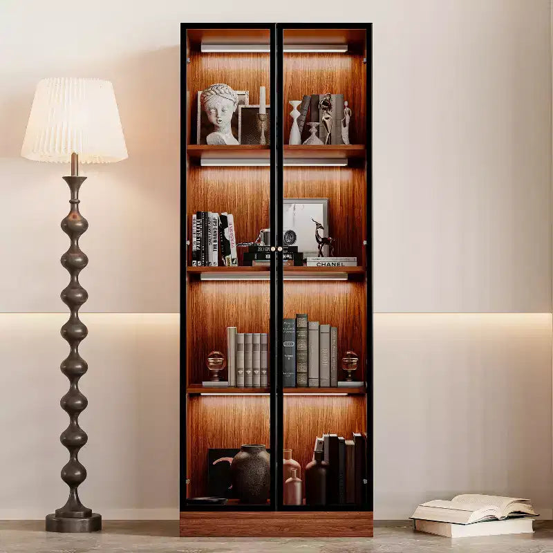 Vetrina Espositiva in Vetro Marrone da 23.6'' Mobile Credenza Bar Armadietto Vetrinato, Vetrina Moderna di Metà Secolo a 4 Ripiani in Legno con LED per Soggiorno