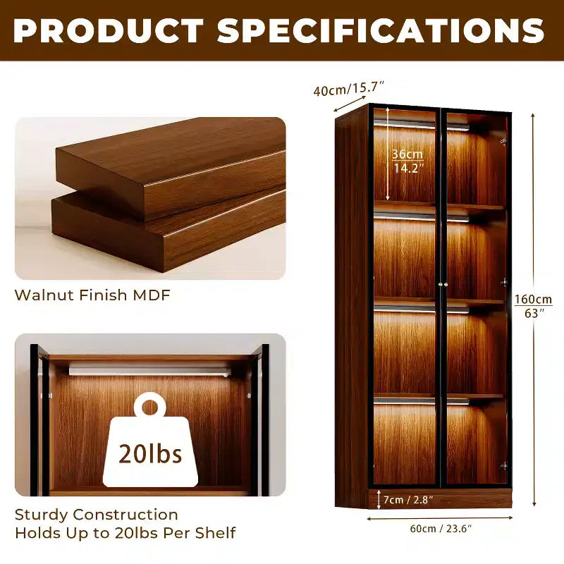 Vetrina Espositiva in Vetro Marrone da 23.6'' Mobile Credenza Bar Armadietto Vetrinato, Vetrina Moderna di Metà Secolo a 4 Ripiani in Legno con LED per Soggiorno