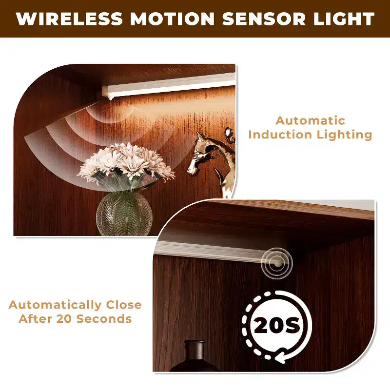 Vetrina Espositiva in Vetro Marrone da 23.6'' Mobile Credenza Bar Armadietto Vetrinato, Vetrina Moderna di Metà Secolo a 4 Ripiani in Legno con LED per Soggiorno
