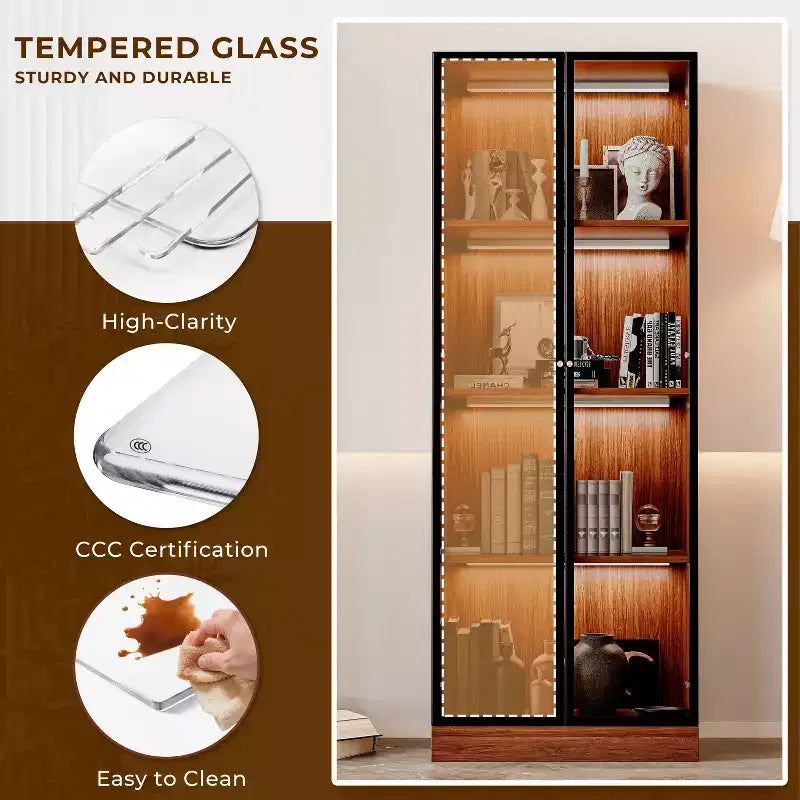 Vetrina Espositiva in Vetro Marrone da 23.6'' Mobile Credenza Bar Armadietto Vetrinato, Vetrina Moderna di Metà Secolo a 4 Ripiani in Legno con LED per Soggiorno