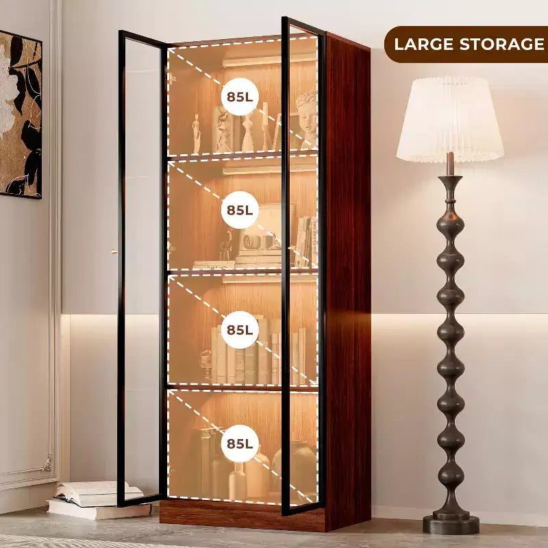 Vetrina Espositiva in Vetro Marrone da 23.6'' Mobile Credenza Bar Armadietto Vetrinato, Vetrina Moderna di Metà Secolo a 4 Ripiani in Legno con LED per Soggiorno