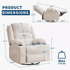 Fauteuil inclinable pivotant et à bascule à 360° pour adultes, canapé berçant manuel avec 3 positions, 2 porte-gobelets et 4 poches, pour chambre de bébé, salon et chambre