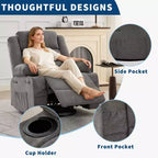 Fauteuil inclinable pivotant et à bascule à 360° pour adultes, canapé berçant manuel avec 3 positions, 2 porte-gobelets et 4 poches, pour chambre de bébé, salon et chambre