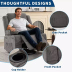 Fauteuil inclinable pivotant et à bascule à 360° pour adultes, canapé berçant manuel avec 3 positions, 2 porte-gobelets et 4 poches, pour chambre de bébé, salon et chambre