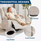 Fauteuil inclinable pivotant et à bascule à 360° pour adultes, canapé berçant manuel avec 3 positions, 2 porte-gobelets et 4 poches, pour chambre de bébé, salon et chambre
