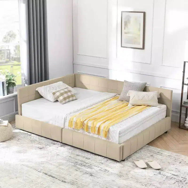 Letto Imbottito Matrimoniale con Contenitore, Testiera e Braccioli per Camera da Letto e Salotto, Beige Scuro