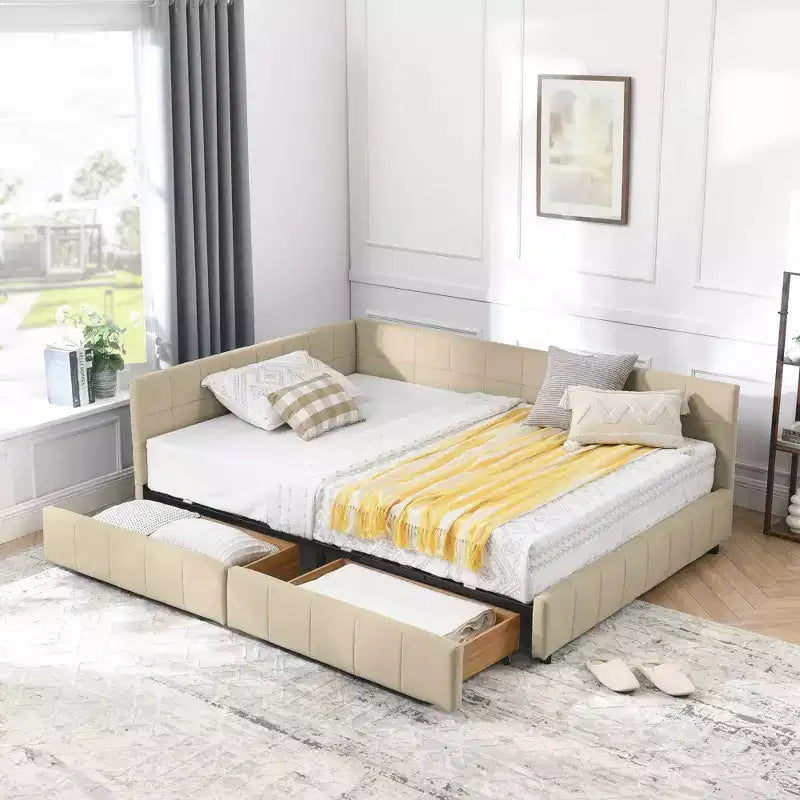 Letto Imbottito Matrimoniale con Contenitore, Testiera e Braccioli per Camera da Letto e Salotto, Beige Scuro