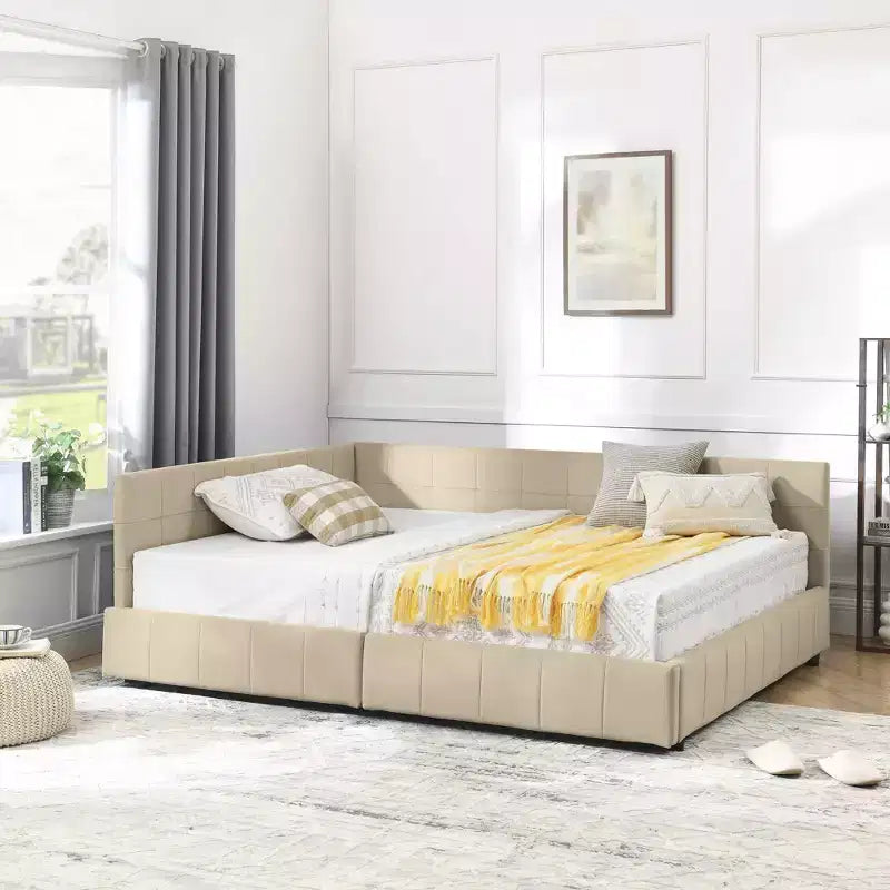 Letto Imbottito Matrimoniale con Contenitore, Testiera e Braccioli per Camera da Letto e Salotto, Beige Scuro