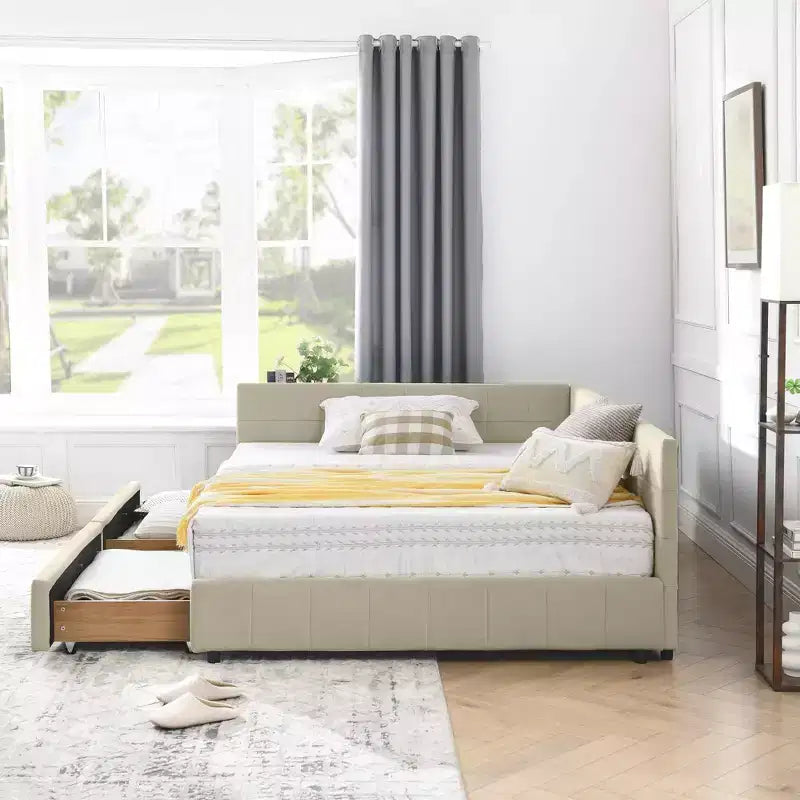 Letto Imbottito Matrimoniale con Contenitore, Testiera e Braccioli per Camera da Letto e Salotto, Beige Scuro