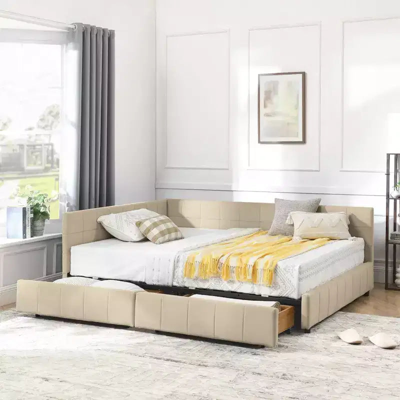 Letto Imbottito Matrimoniale con Contenitore, Testiera e Braccioli per Camera da Letto e Salotto, Beige Scuro