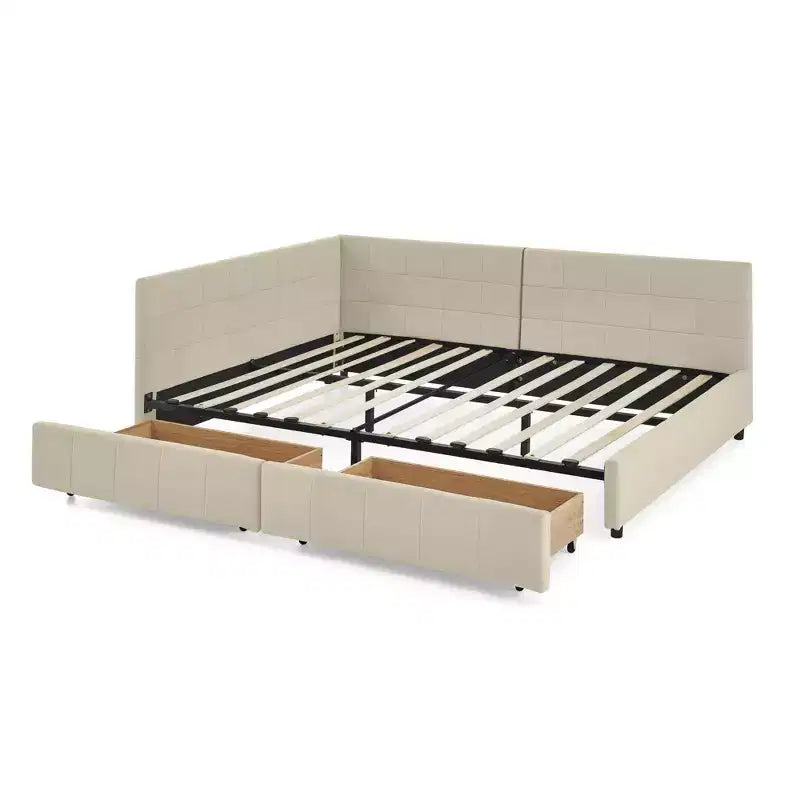Letto Imbottito Matrimoniale con Contenitore, Testiera e Braccioli per Camera da Letto e Salotto, Beige Scuro