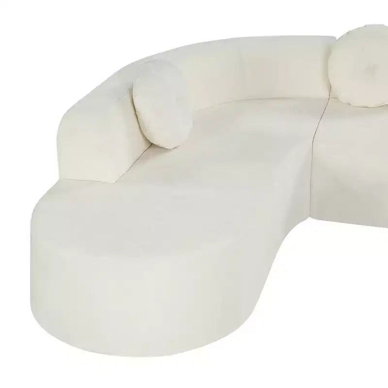 Divano componibile extra large da 310 cm, elegante divano in tessuto con tre cuscini rotondi, schiuma ad alta resilienza