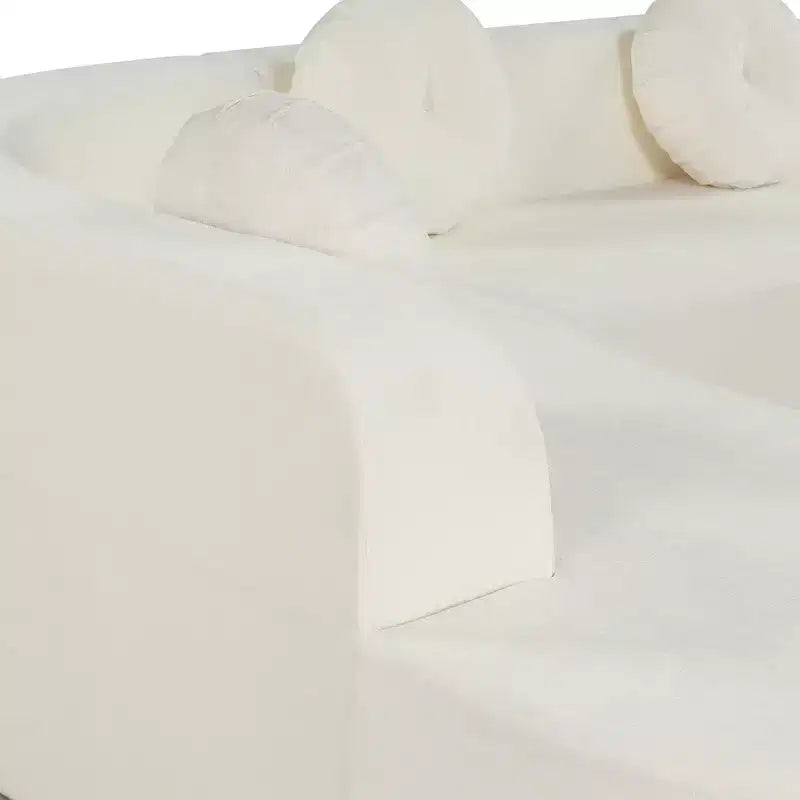 Divano componibile extra large da 310 cm, elegante divano in tessuto con tre cuscini rotondi, schiuma ad alta resilienza