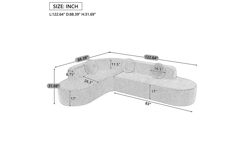 Divano componibile extra large da 310 cm, elegante divano in tessuto con tre cuscini rotondi, schiuma ad alta resilienza