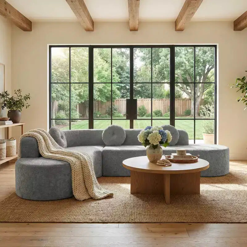 Divano componibile extra large da 310 cm, elegante divano in tessuto con tre cuscini rotondi, schiuma ad alta resilienza