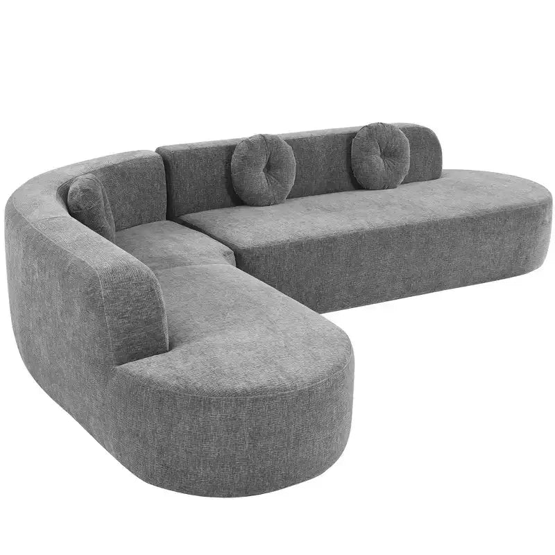 Divano componibile extra large da 310 cm, elegante divano in tessuto con tre cuscini rotondi, schiuma ad alta resilienza