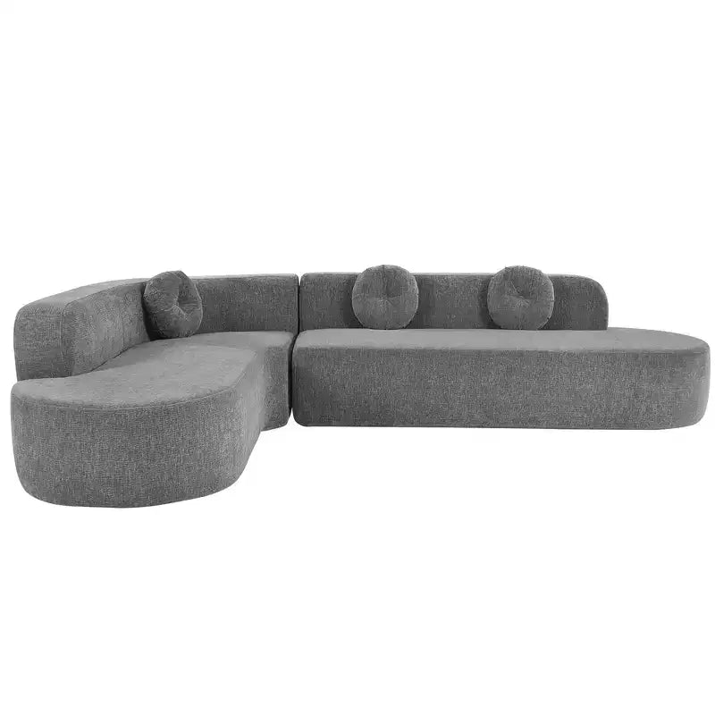 Divano componibile extra large da 310 cm, elegante divano in tessuto con tre cuscini rotondi, schiuma ad alta resilienza