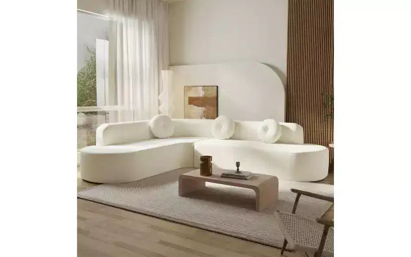 Divano componibile extra large da 310 cm, elegante divano in tessuto con tre cuscini rotondi, schiuma ad alta resilienza