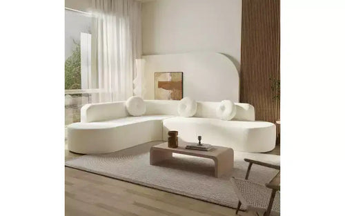 Divano componibile extra large da 310 cm, elegante divano in tessuto con tre cuscini rotondi, schiuma ad alta resilienza