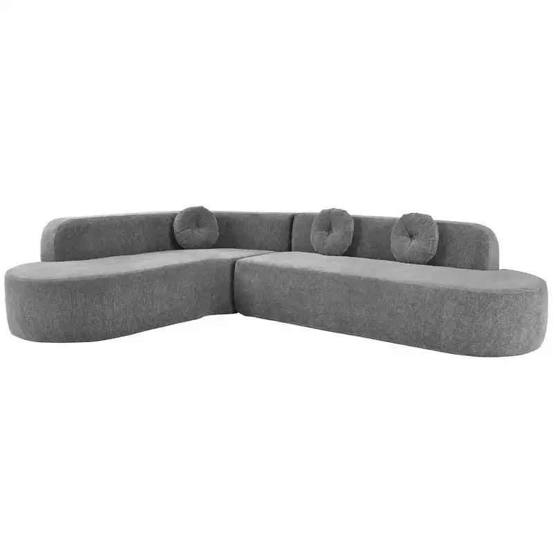 Divano componibile extra large da 310 cm, elegante divano in tessuto con tre cuscini rotondi, schiuma ad alta resilienza