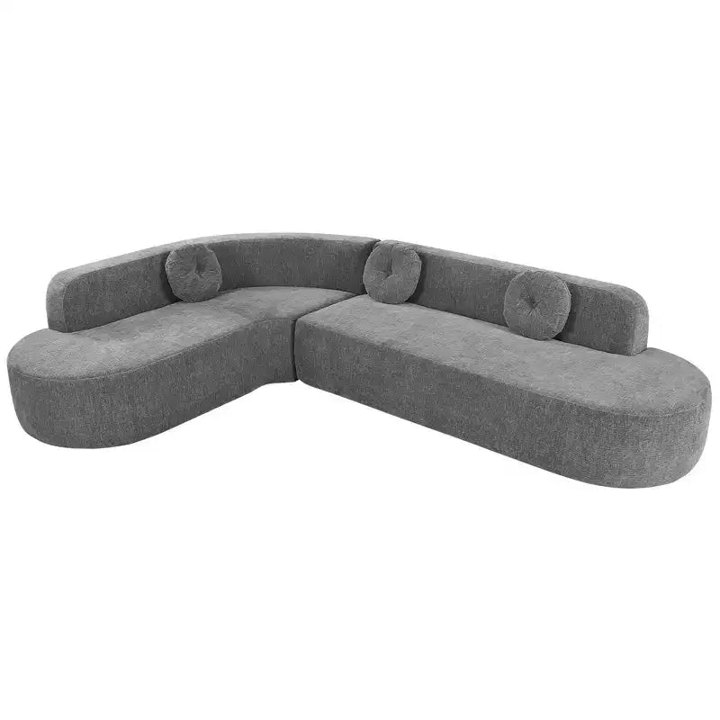 Divano componibile extra large da 310 cm, elegante divano in tessuto con tre cuscini rotondi, schiuma ad alta resilienza