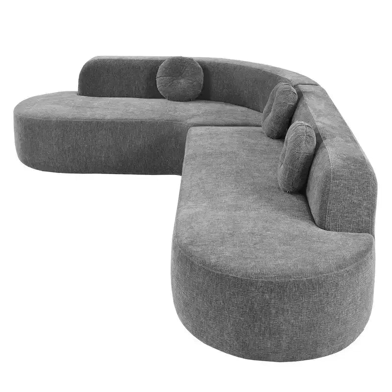 Divano componibile extra large da 310 cm, elegante divano in tessuto con tre cuscini rotondi, schiuma ad alta resilienza
