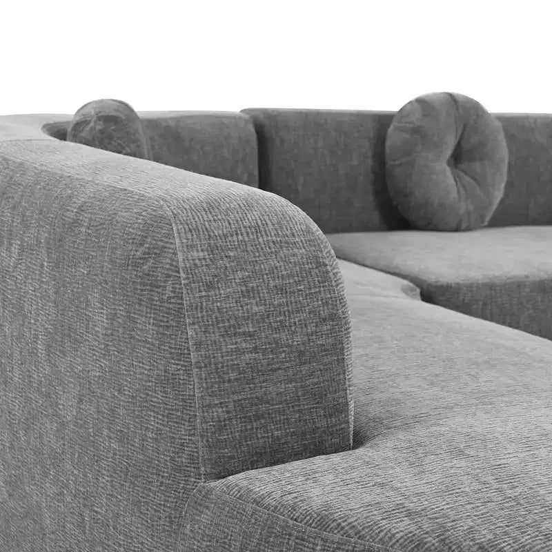 Divano componibile extra large da 310 cm, elegante divano in tessuto con tre cuscini rotondi, schiuma ad alta resilienza
