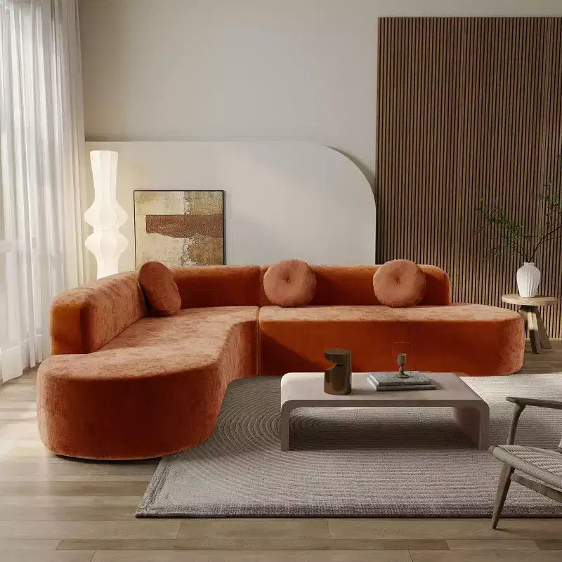 Divano componibile extra large da 310 cm, elegante divano in tessuto con tre cuscini rotondi, schiuma ad alta resilienza