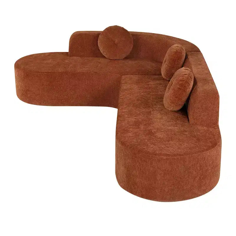 Divano componibile extra large da 310 cm, elegante divano in tessuto con tre cuscini rotondi, schiuma ad alta resilienza