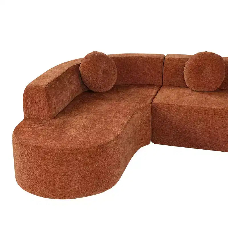 Divano componibile extra large da 310 cm, elegante divano in tessuto con tre cuscini rotondi, schiuma ad alta resilienza