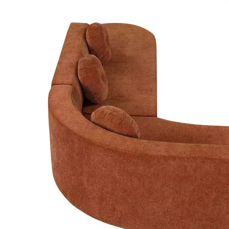 Divano componibile extra large da 310 cm, elegante divano in tessuto con tre cuscini rotondi, schiuma ad alta resilienza