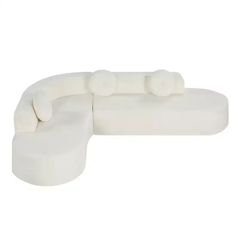 Divano componibile extra large da 310 cm, elegante divano in tessuto con tre cuscini rotondi, schiuma ad alta resilienza