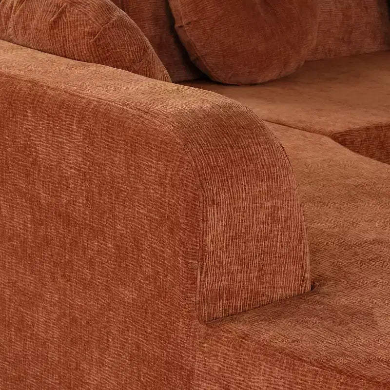 Divano componibile extra large da 310 cm, elegante divano in tessuto con tre cuscini rotondi, schiuma ad alta resilienza