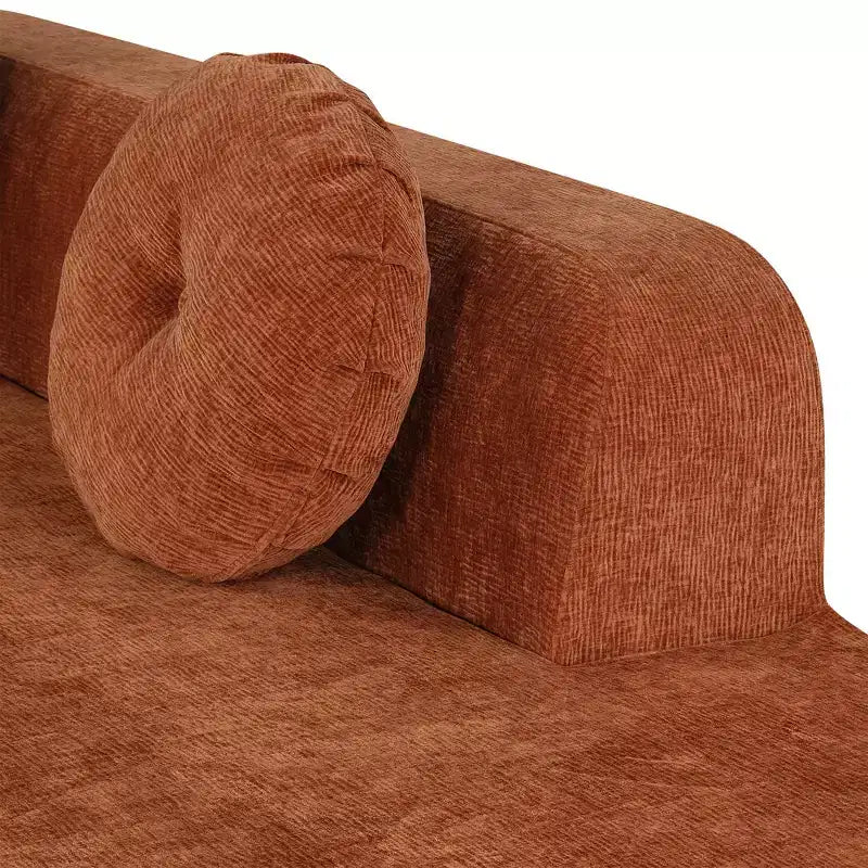 Divano componibile extra large da 310 cm, elegante divano in tessuto con tre cuscini rotondi, schiuma ad alta resilienza