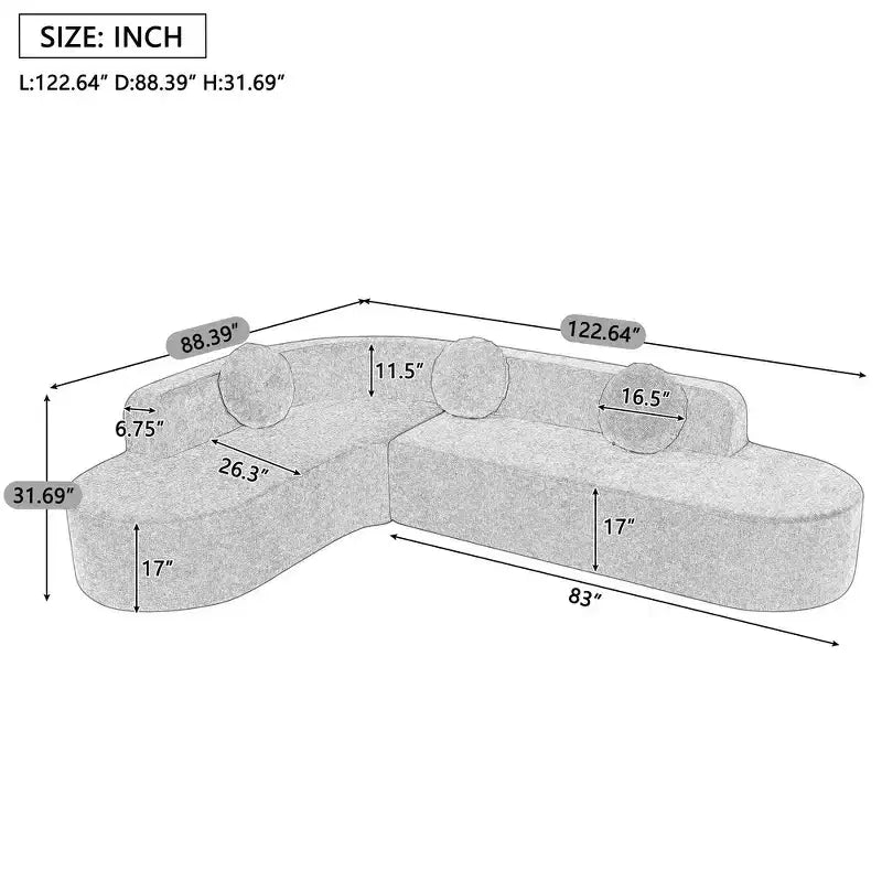 Divano componibile extra large da 310 cm, elegante divano in tessuto con tre cuscini rotondi, schiuma ad alta resilienza